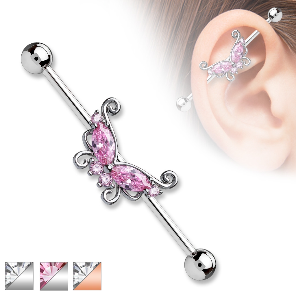 Industrial piercing s motýlek a kamínky PIN00054