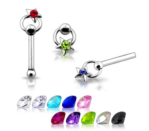 Piercing do nosu (stříbro 925/1000) - kruh s hvězdičkou s kamínkem PNO00206
