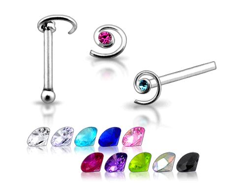 Piercing do nosu (stříbro 925/1000) - spirála s kamínkem PNO00208