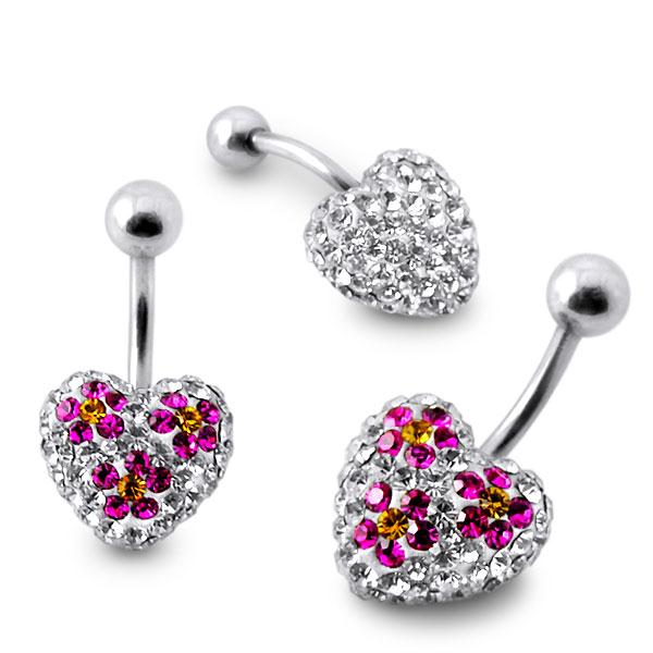 Piercing se stříbrnou kuličkou a srdíčkem s krystaly PBSW00054